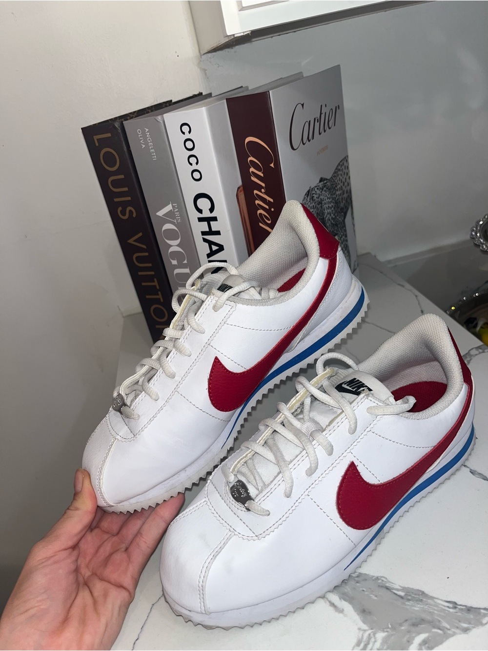 Nike Men’s White Sneakers with Red Swoosh and Blue Stripe